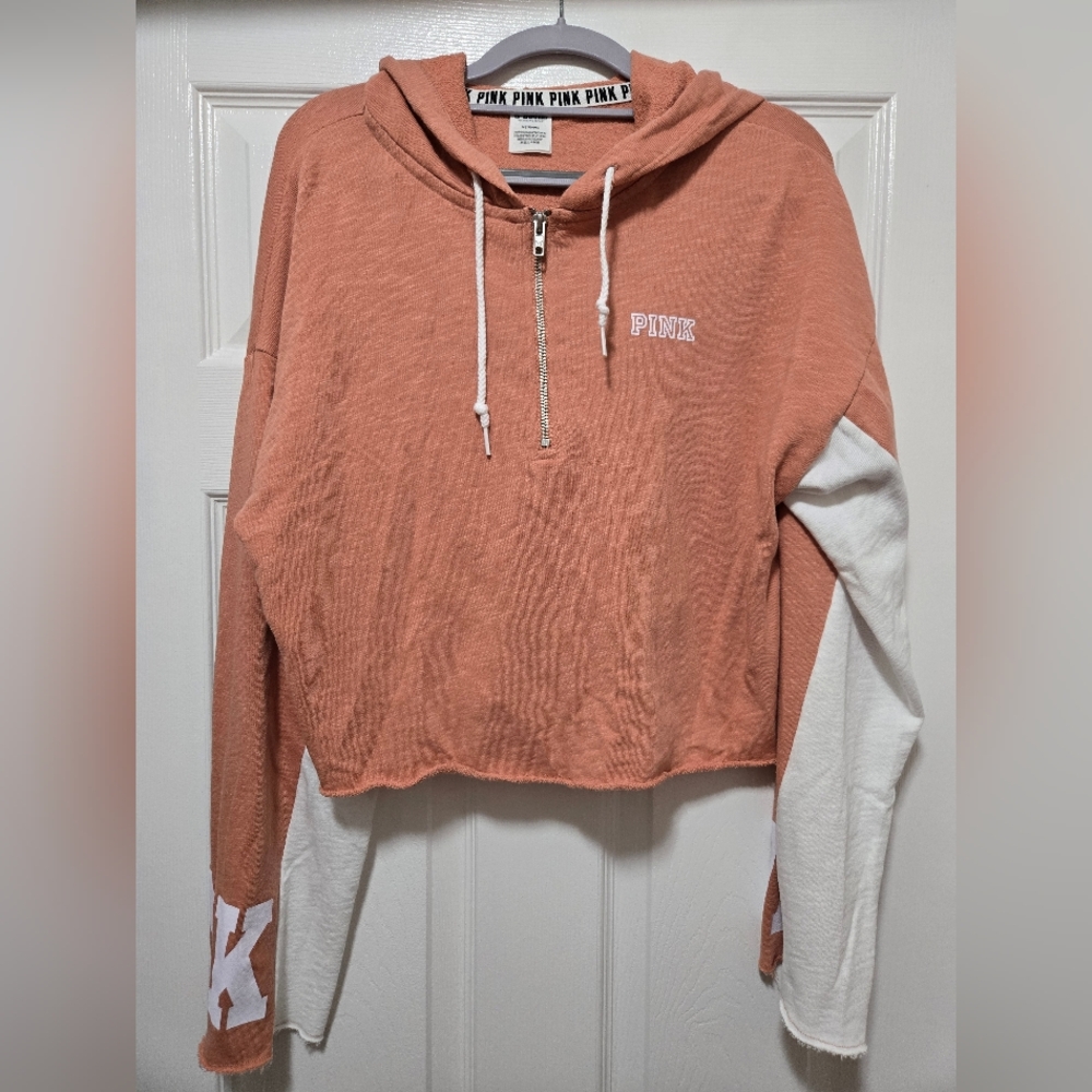 Victoria's Secret PINK Orange and White Cropped Hoodie